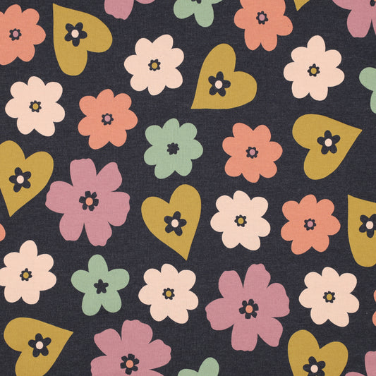 Jersey Melange Coeur et Fleurs - INDIGO MELANGE - Poppy Fabrics