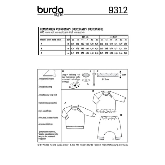 BURDA Kids - 9312 Haut avec bouton-pression - Pantalon à enfiler