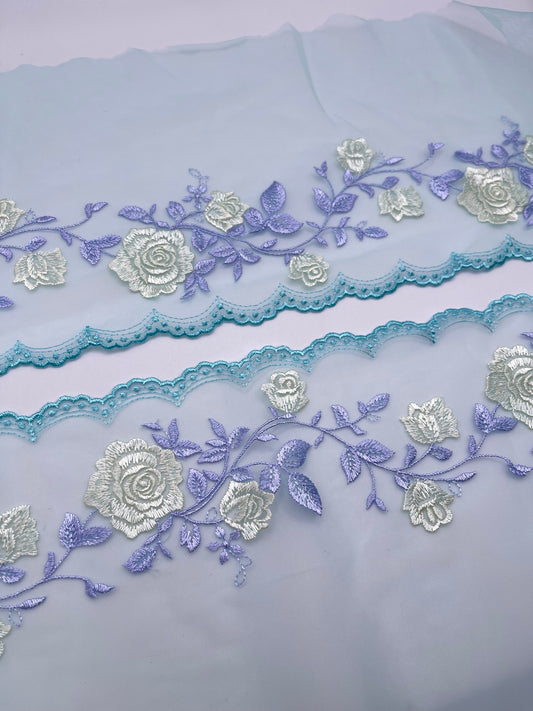 Blue Rose Dreams - Embroidered Tulle Lace 1 Meter (mirrored)