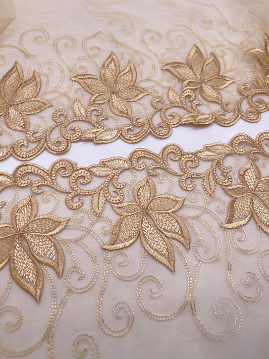 Floral Or - Dentelle de Tulle Brodée 1 Metre (miroir)