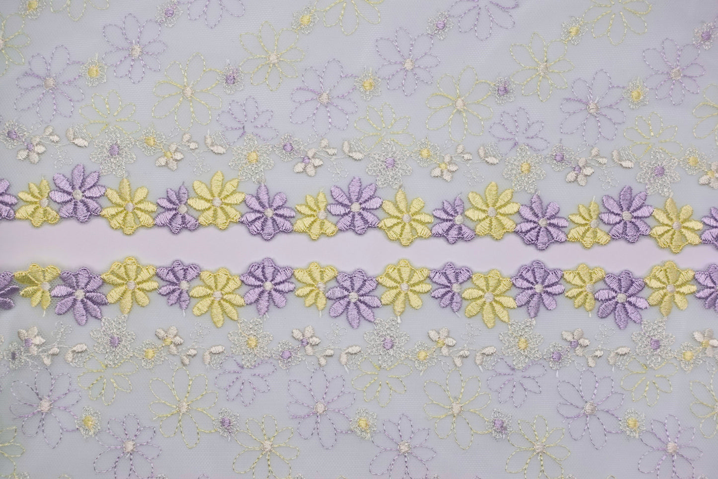 Mint Tulle Purple Yellow Daisy - Embroidered Tulle Lace (mirrored)