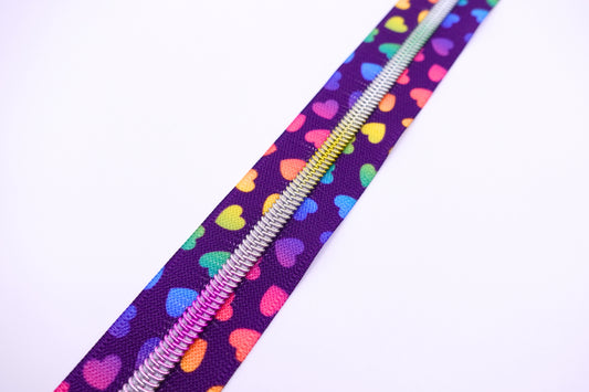 Rainbow Hearts Printed Zipper Tape # 5 Zipper (1 Meter)