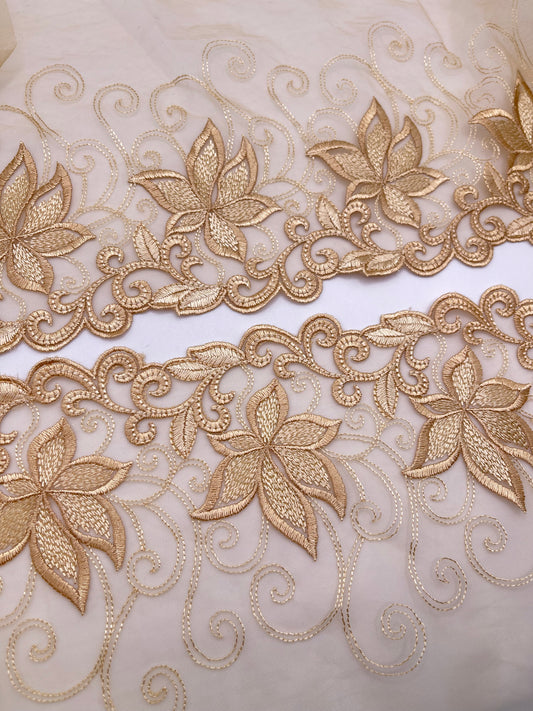 Gold Florals - Embroidered Tulle Lace 1 Meter (mirrored)