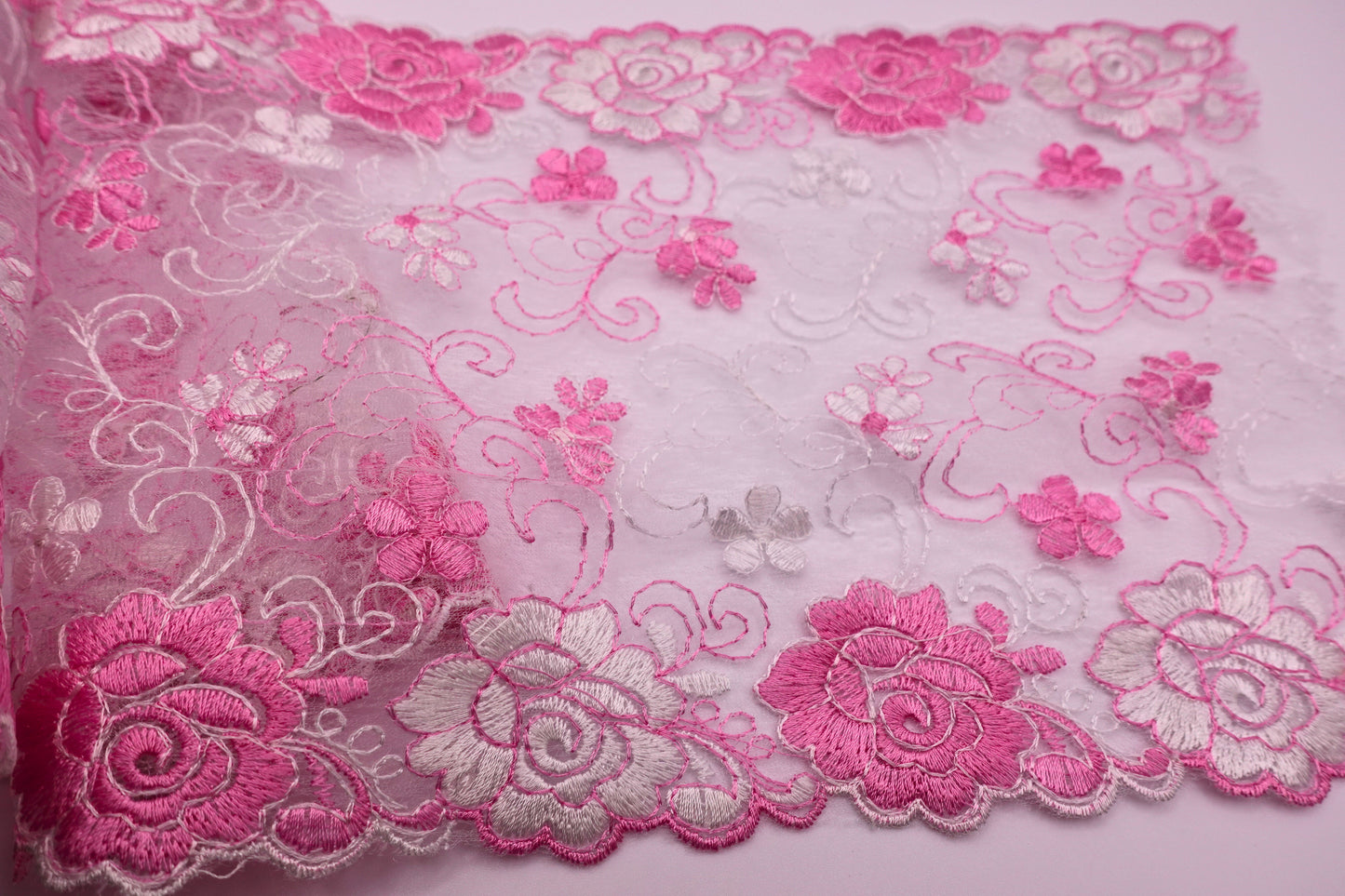 Pink and White Rose - Embroidered Tulle Lace