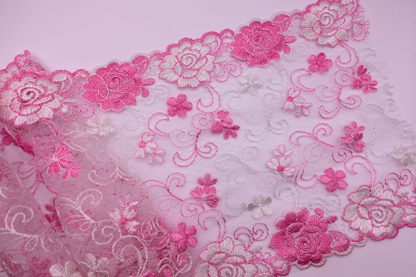 Pink and White Rose - Embroidered Tulle Lace