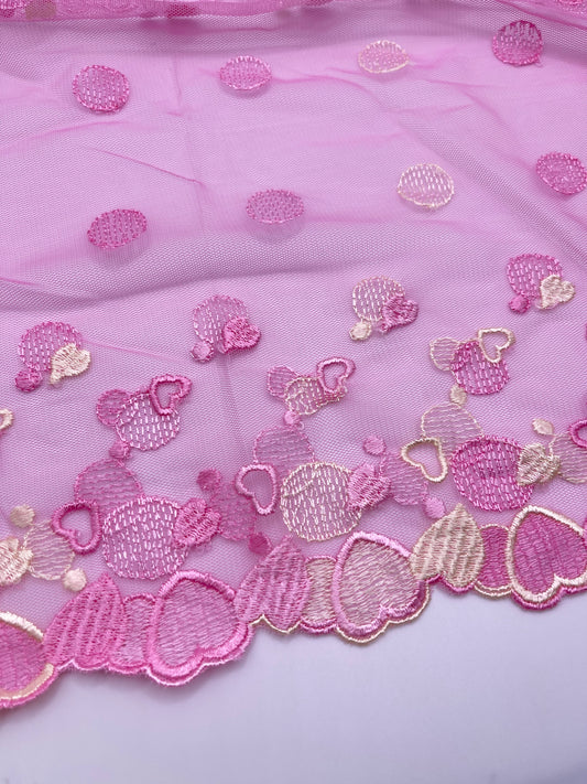 Pink Hearts - 1 Meter Embroidered Tulle Lace