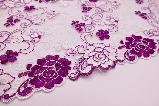 White and Purple Flowers - Embroidered Tulle Lace