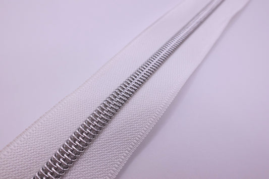 White Silver Teeth Zipper Tape # 5 Zipper (1 Meter)