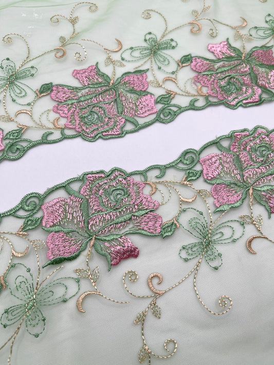 Green Pink Roses- Embroidered Tulle Lace 1 Meter (mirrored)