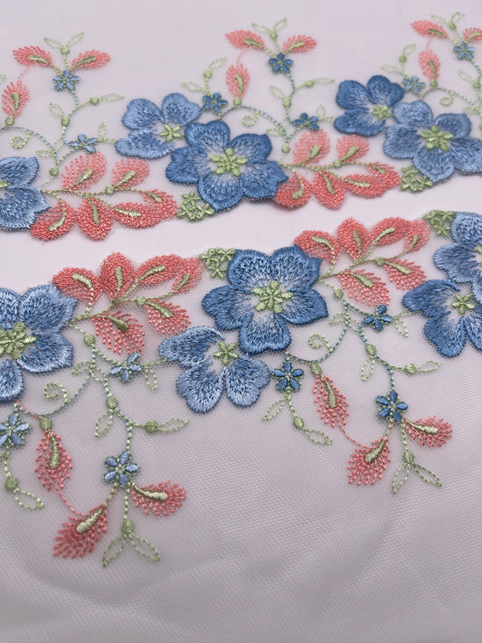Blue Corals Florals- Embroidered Tulle Lace 1 Meter (mirrored)