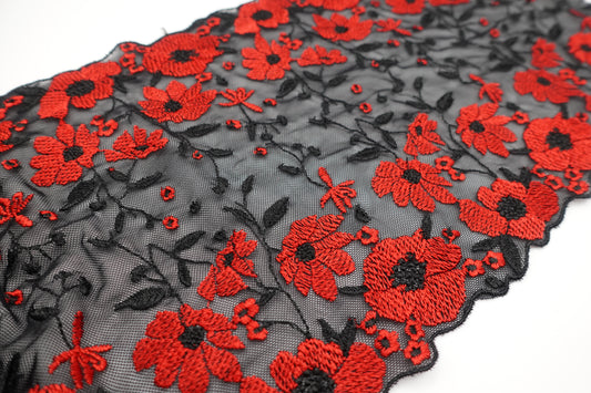 Black and Red Poppy - Embroidered Tulle Lace
