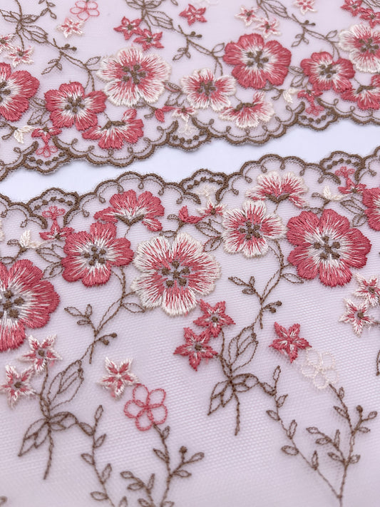 Brown Cherry Blossom - Embroidered Tulle Lace 1 Meter (mirrored)