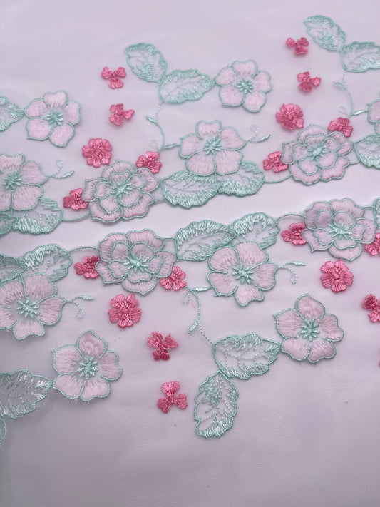 Aqua Cherry Blossom - Embroidered Tulle Lace 1 Meter (mirrored)