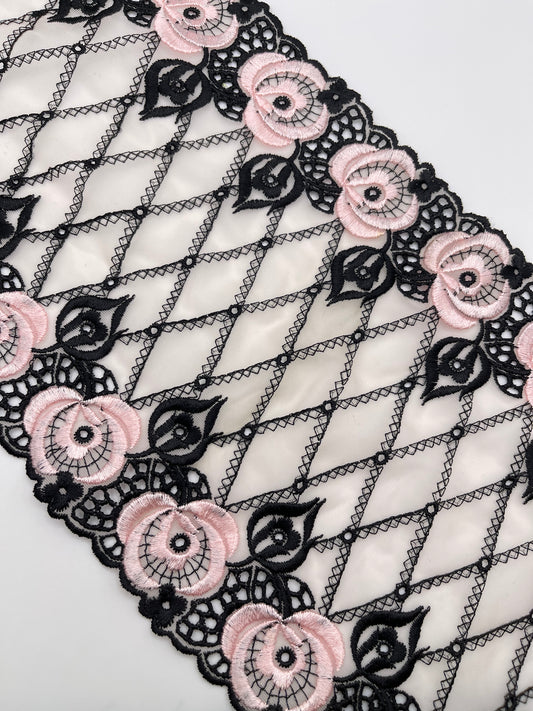 Black Pink Roses - 1 Meter Embroidered Tulle Lace