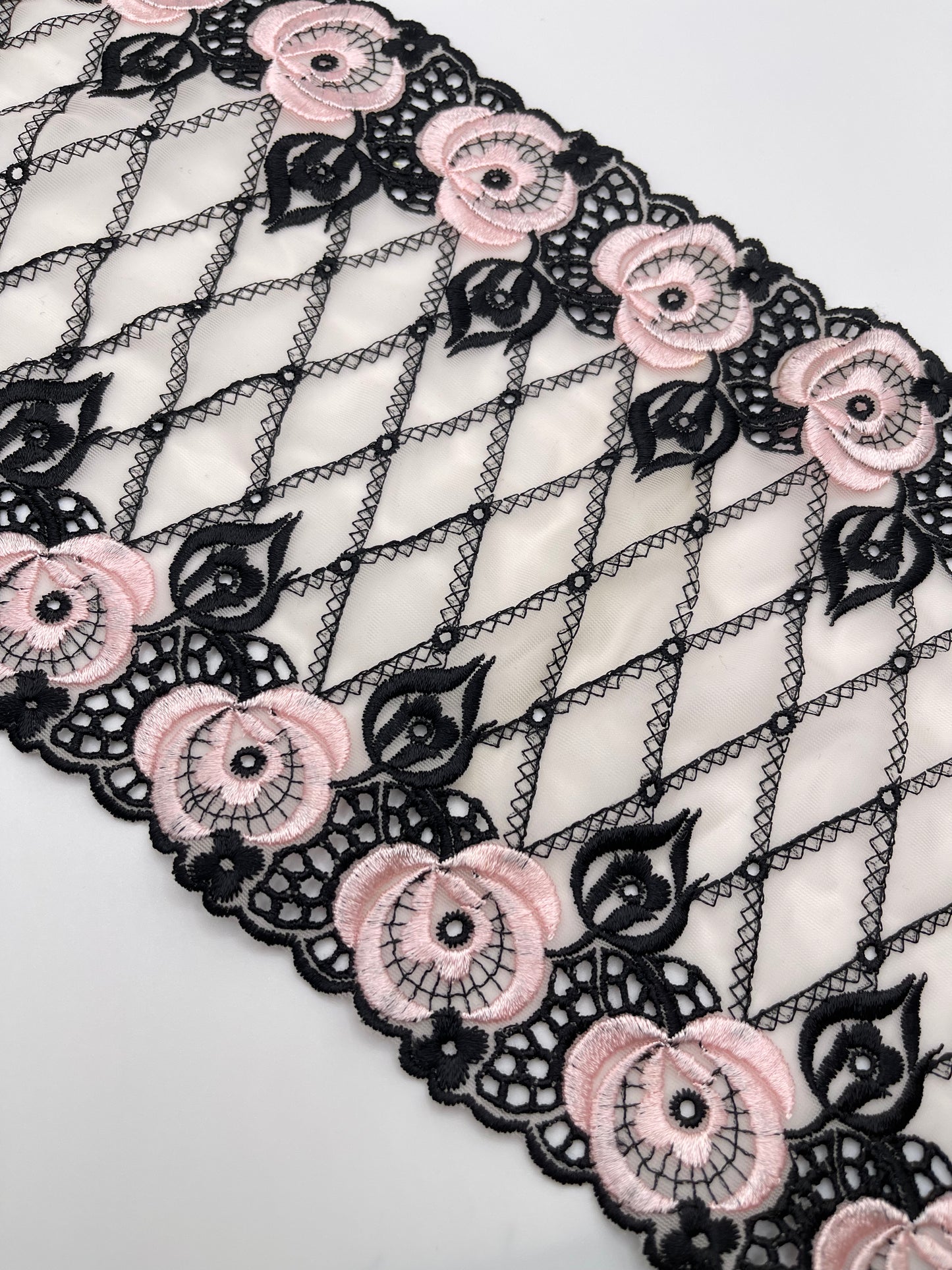 Black Pink Roses - 1 Meter Embroidered Tulle Lace