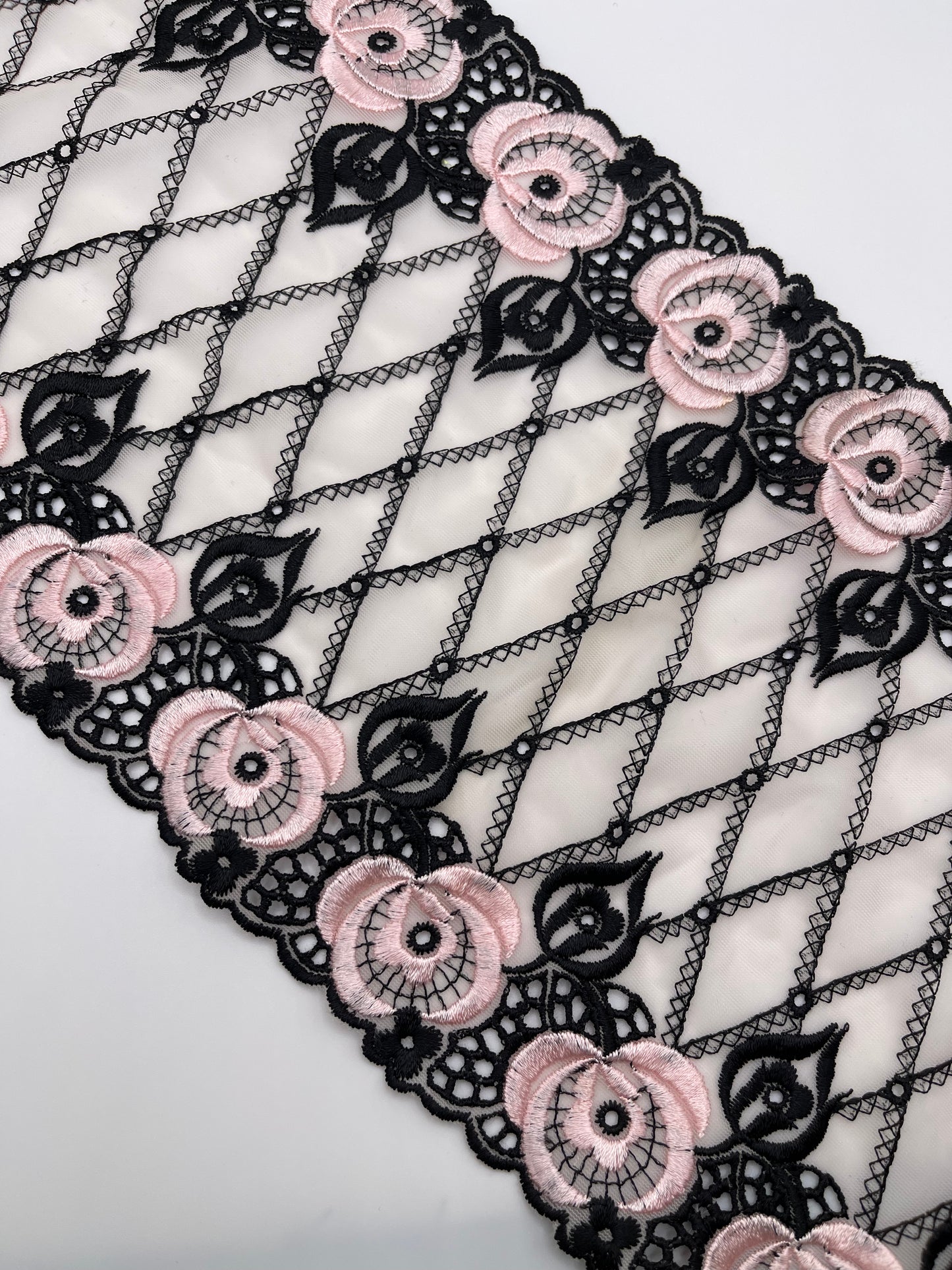 Black Pink Roses - 1 Meter Embroidered Tulle Lace