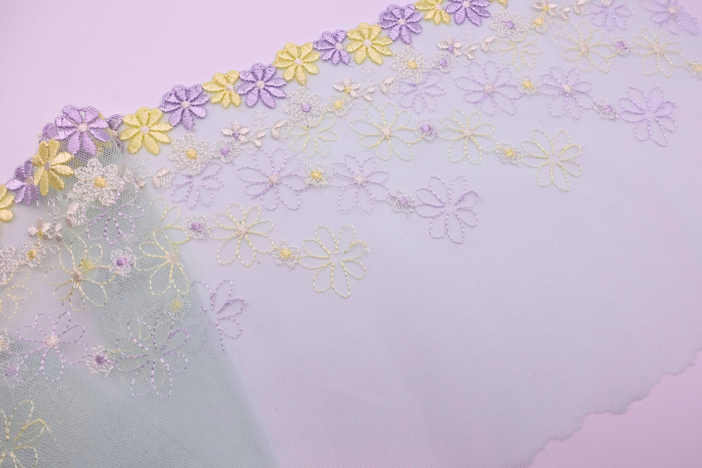 Mint Tulle Purple Yellow Daisy - Embroidered Tulle Lace (mirrored)