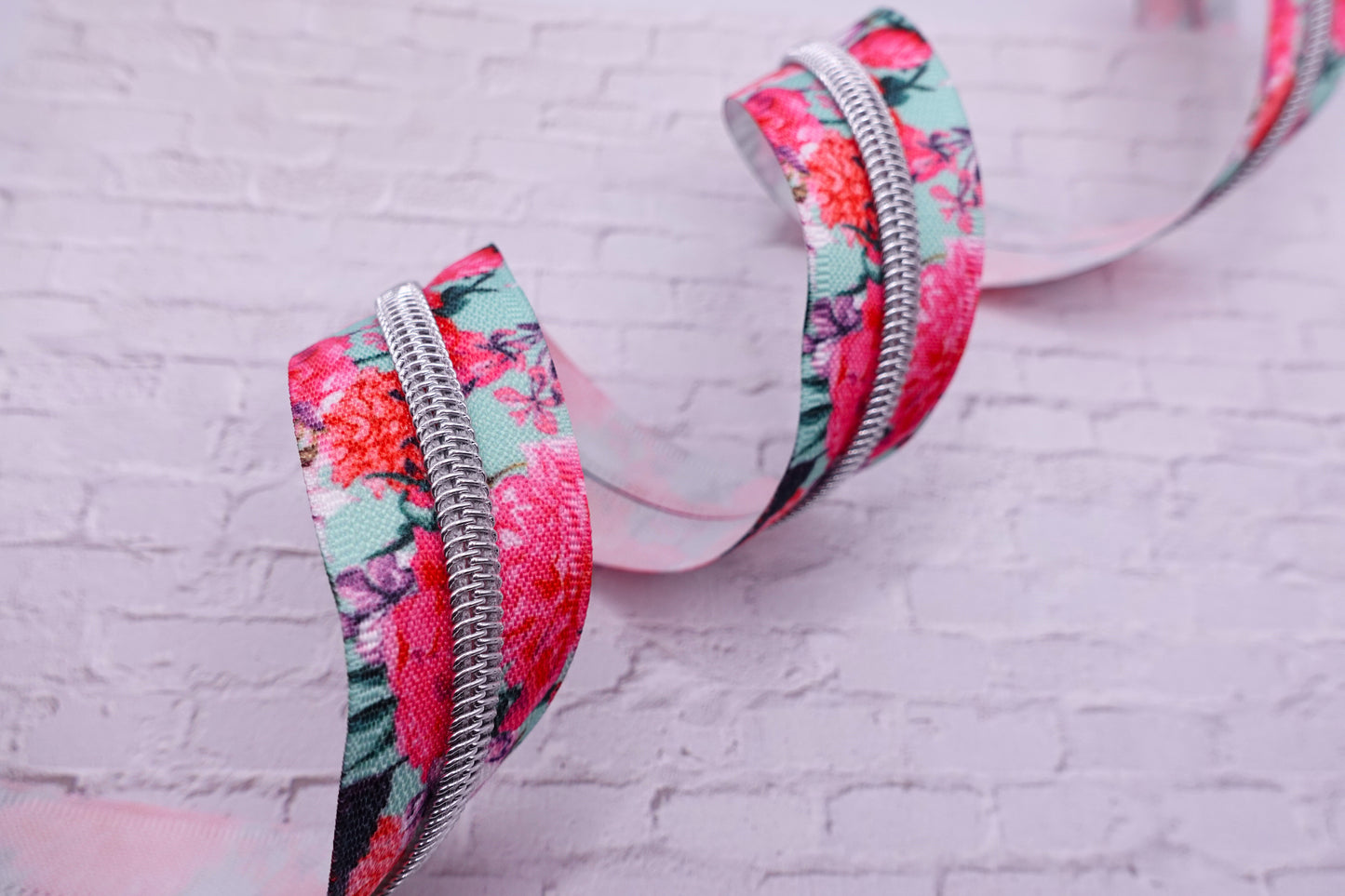 Blue and Pink Flowers Zipper Tape # 5 Zipper (1 Meter)