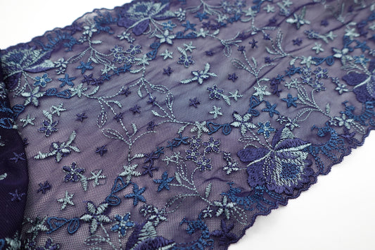 Dark Blue Floral - Embroidered Tulle Lace